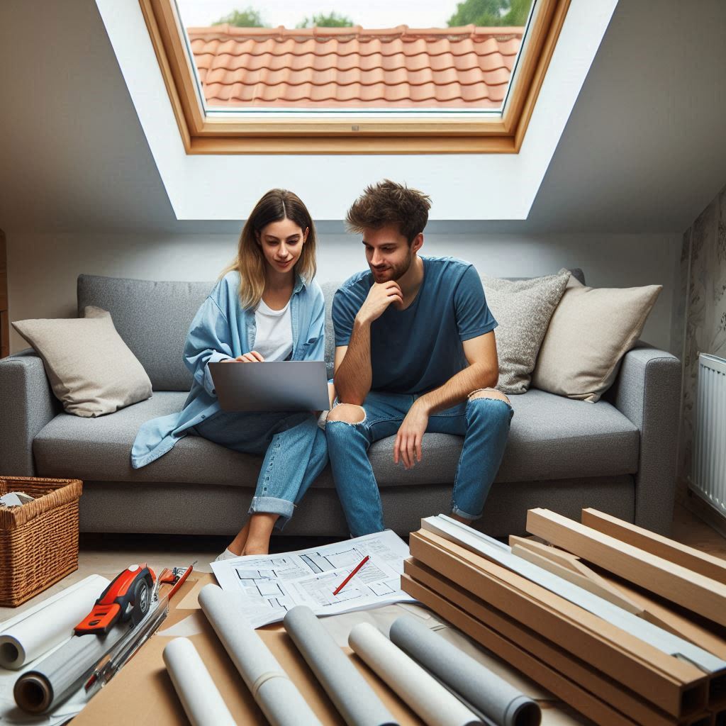 Fiatal pár otthonról, kényelmesen építőanyagot rendel online.